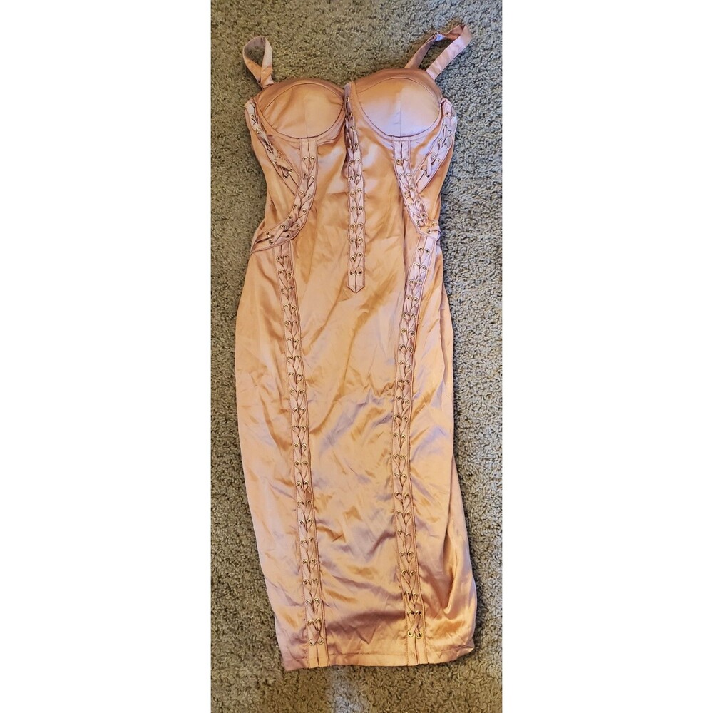 Fashion Nova Womens Medium Blush Pink Lace Up Corset Satin Bodycon Midi Dress